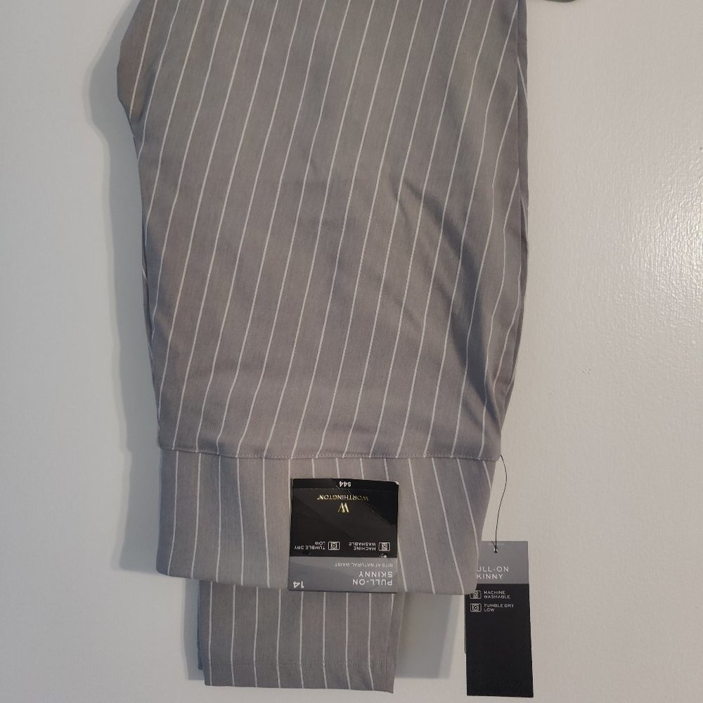 Gray dress slacks with white stripe